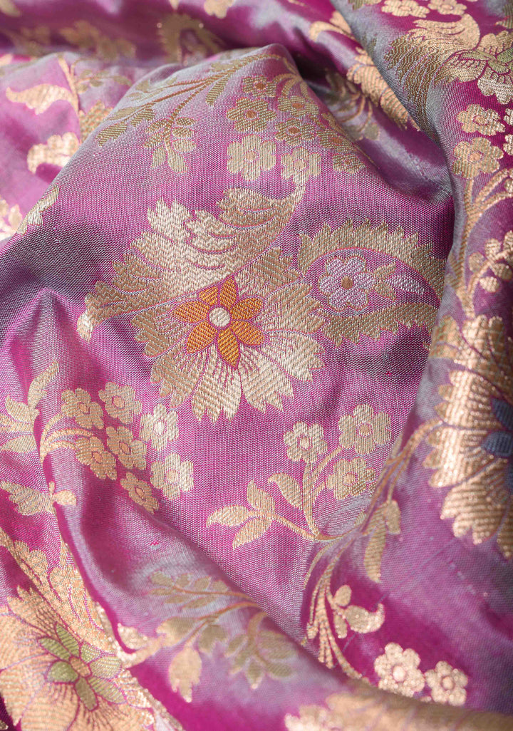 Lilac Dual Tone Katan Silk Saree with Meenakari Floral Jaal and Zari Border | SILK MARK CERTIFIED
