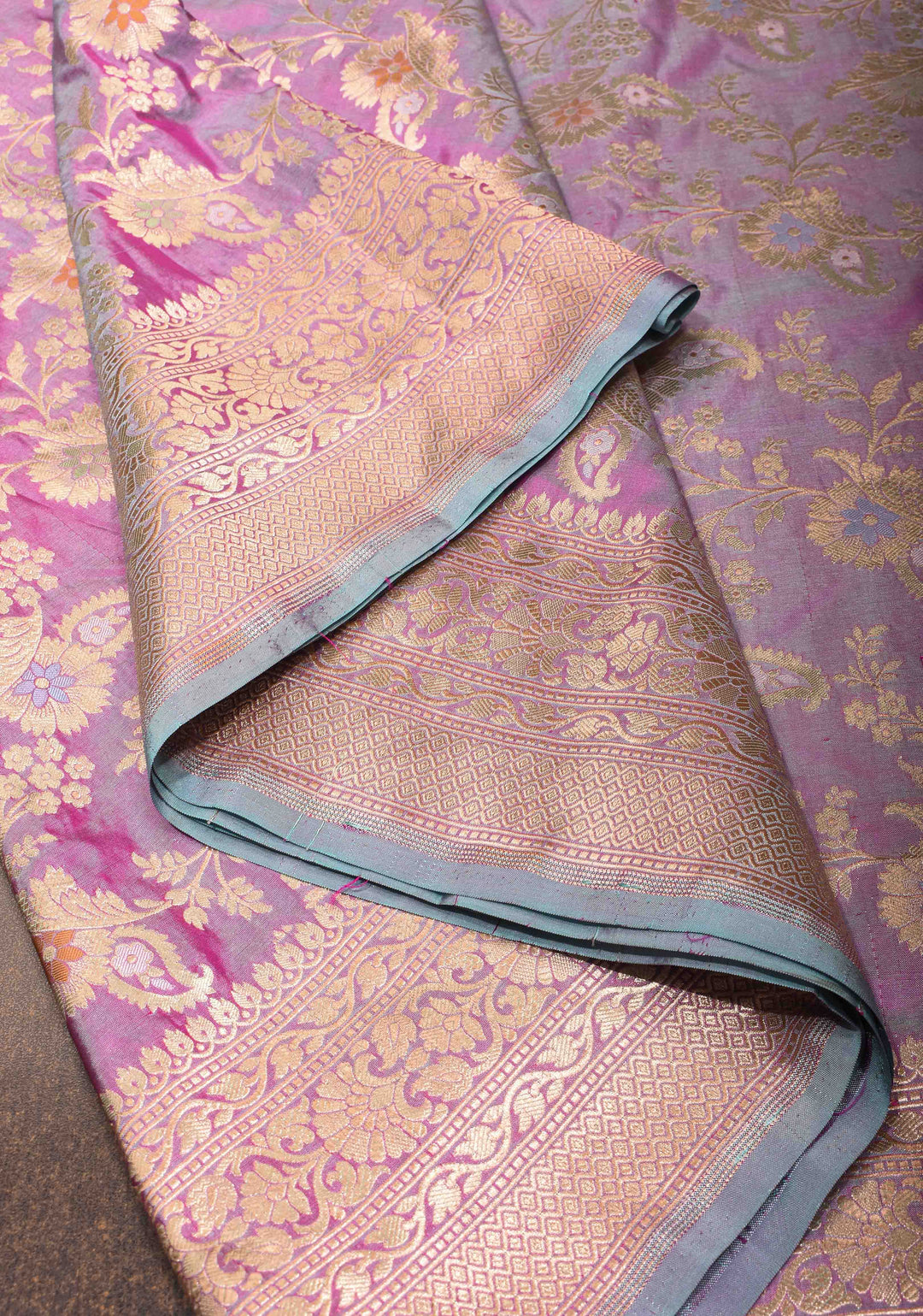 Lilac Dual Tone Katan Silk Saree with Meenakari Floral Jaal and Zari Border | SILK MARK CERTIFIED