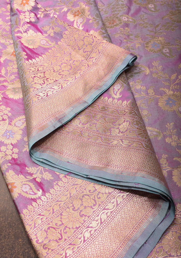 Lilac Dual Tone Katan Silk Saree with Meenakari Floral Jaal and Zari Border | SILK MARK CERTIFIED