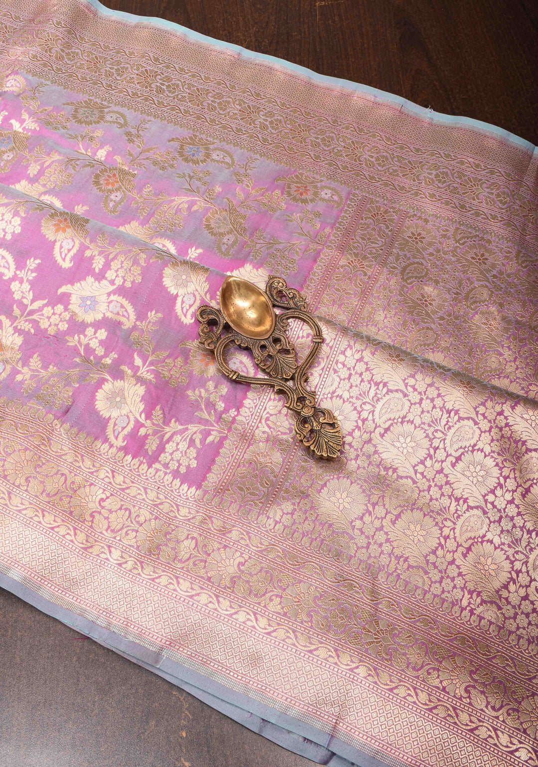 Lilac Dual Tone Katan Silk Saree with Meenakari Floral Jaal and Zari Border | SILK MARK CERTIFIED