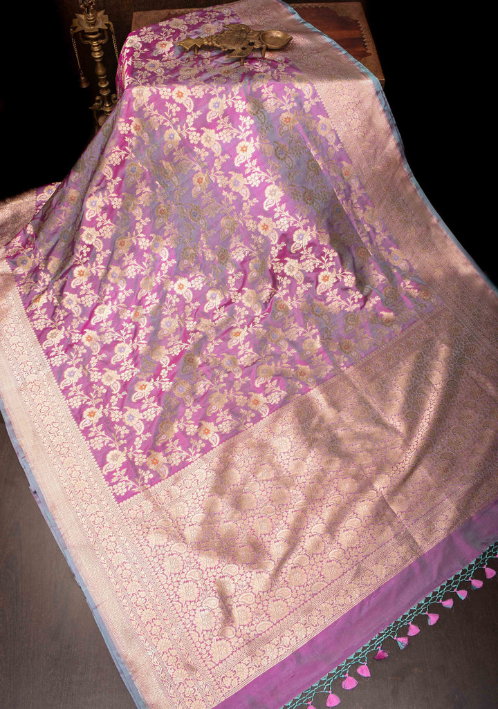 Lilac Dual Tone Katan Silk Saree with Meenakari Floral Jaal and Zari Border | SILK MARK CERTIFIED