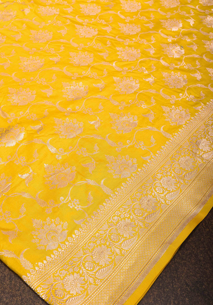 //STAIN SAREE//Vibrant Yellow Banarasi Katan Silk Saree with Elegant Floral Jaal | SILK MARK CERTIFIED