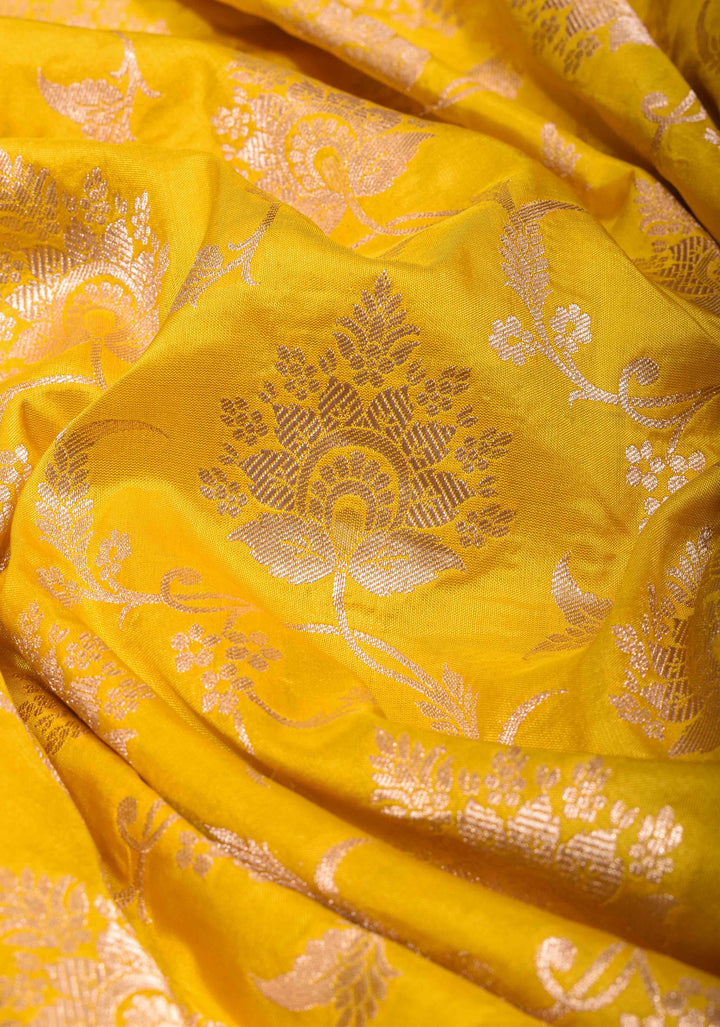 //STAIN SAREE//Vibrant Yellow Banarasi Katan Silk Saree with Elegant Floral Jaal | SILK MARK CERTIFIED