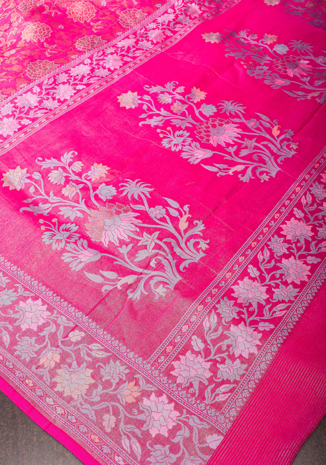 Beautiful Rani Pink Banarasi Katan Soft Silk Saree with Floral Meenakari Tissue | SILK MARK CERTIFIED