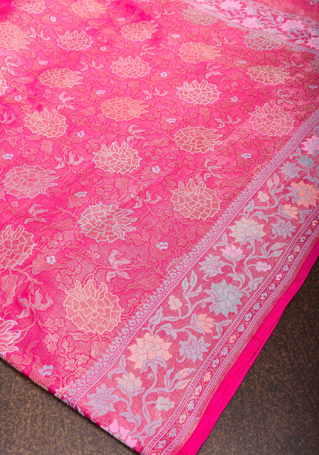 Beautiful Rani Pink Banarasi Katan Soft Silk Saree with Floral Meenakari Tissue | SILK MARK CERTIFIED