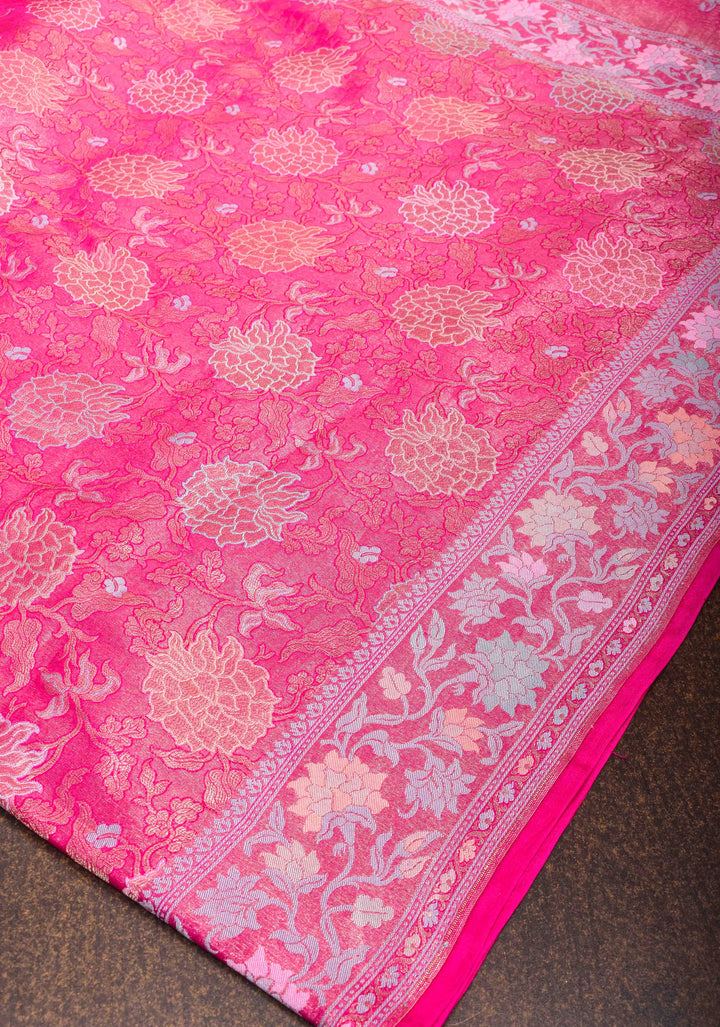 Beautiful Rani Pink Banarasi Katan Soft Silk Saree with Floral Meenakari Tissue | SILK MARK CERTIFIED