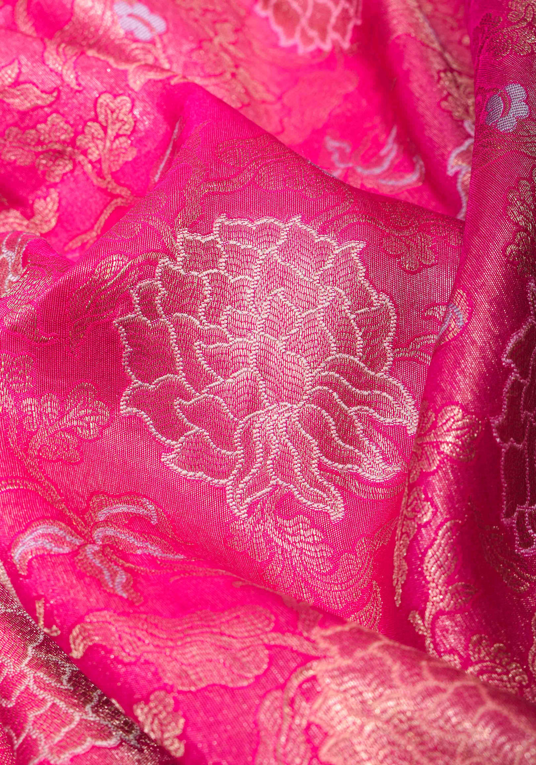 Beautiful Rani Pink Banarasi Katan Soft Silk Saree with Floral Meenakari Tissue | SILK MARK CERTIFIED