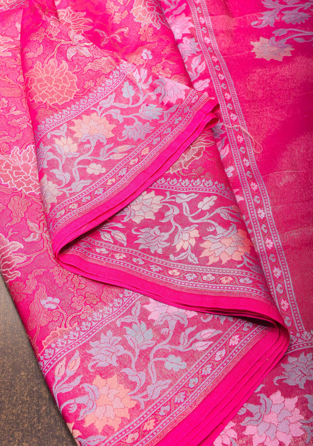 Beautiful Rani Pink Banarasi Katan Soft Silk Saree with Floral Meenakari Tissue | SILK MARK CERTIFIED