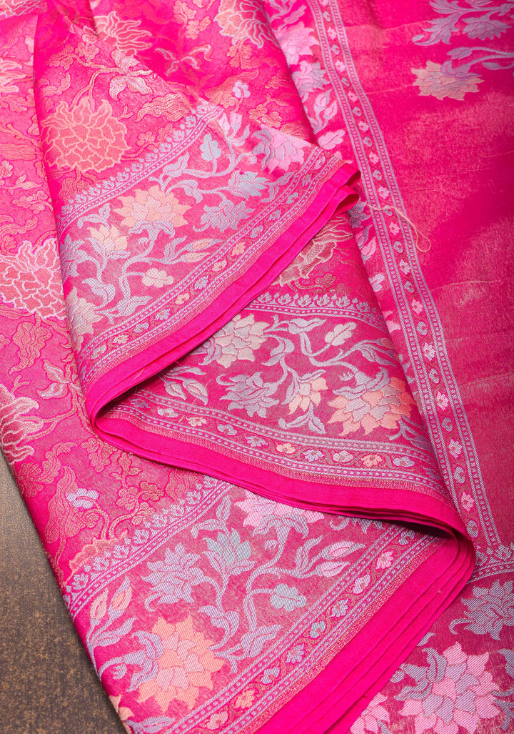 Beautiful Rani Pink Banarasi Katan Soft Silk Saree with Floral Meenakari Tissue | SILK MARK CERTIFIED