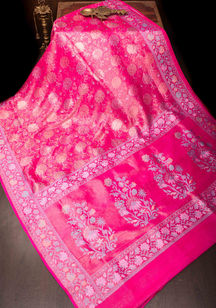 Beautiful Rani Pink Banarasi Katan Soft Silk Saree with Floral Meenakari Tissue | SILK MARK CERTIFIED