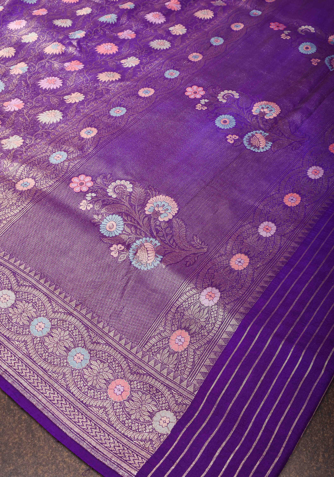 Purple Banarasi Katan Silk Saree with Floral Meenakari Tissue | SILK MARK CERTIFIED