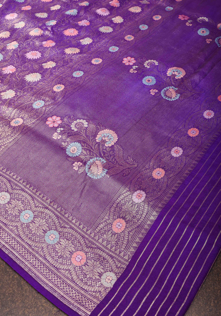 Purple Banarasi Katan Silk Saree with Floral Meenakari Tissue | SILK MARK CERTIFIED