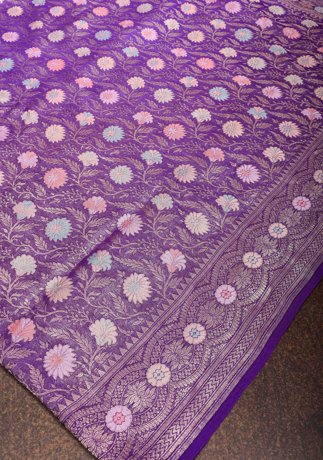 Purple Banarasi Katan Silk Saree with Floral Meenakari Tissue | SILK MARK CERTIFIED