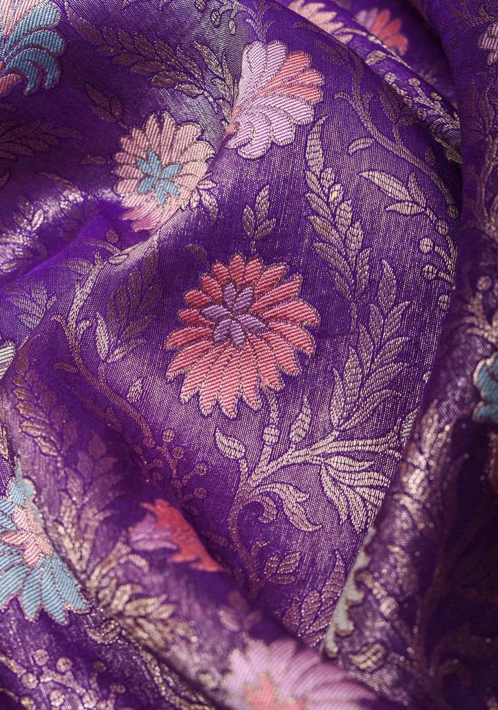 Purple Banarasi Katan Silk Saree with Floral Meenakari Tissue | SILK MARK CERTIFIED