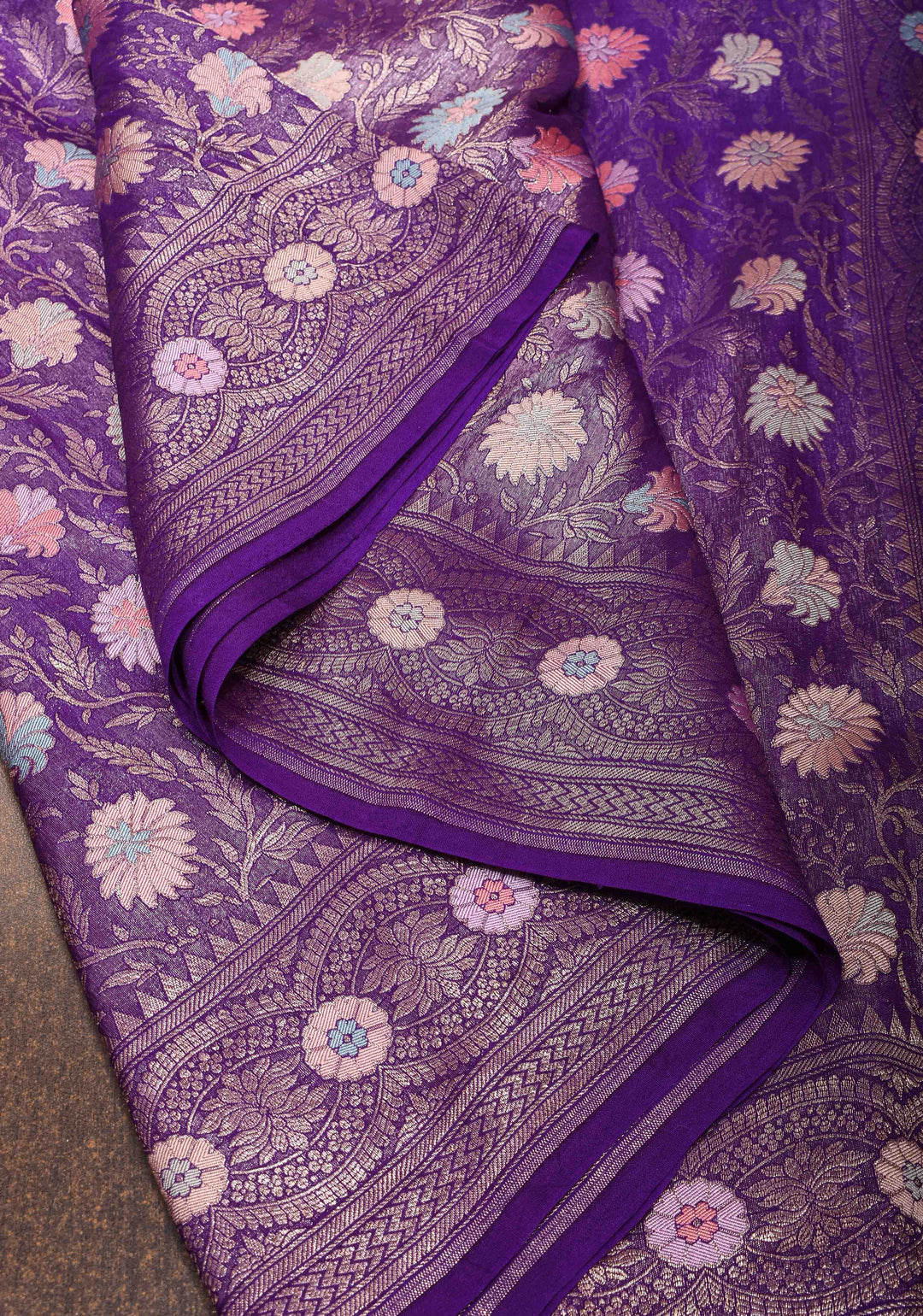 Purple Banarasi Katan Silk Saree with Floral Meenakari Tissue | SILK MARK CERTIFIED
