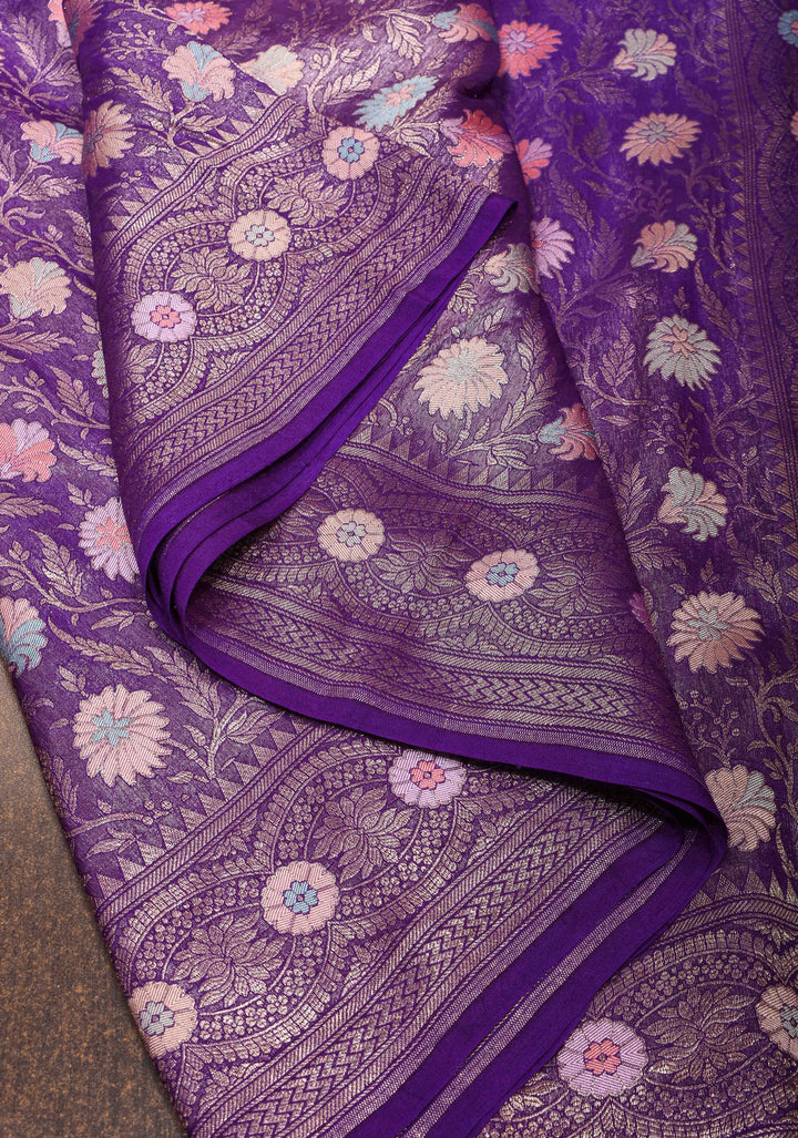 Purple Banarasi Katan Silk Saree with Floral Meenakari Tissue | SILK MARK CERTIFIED