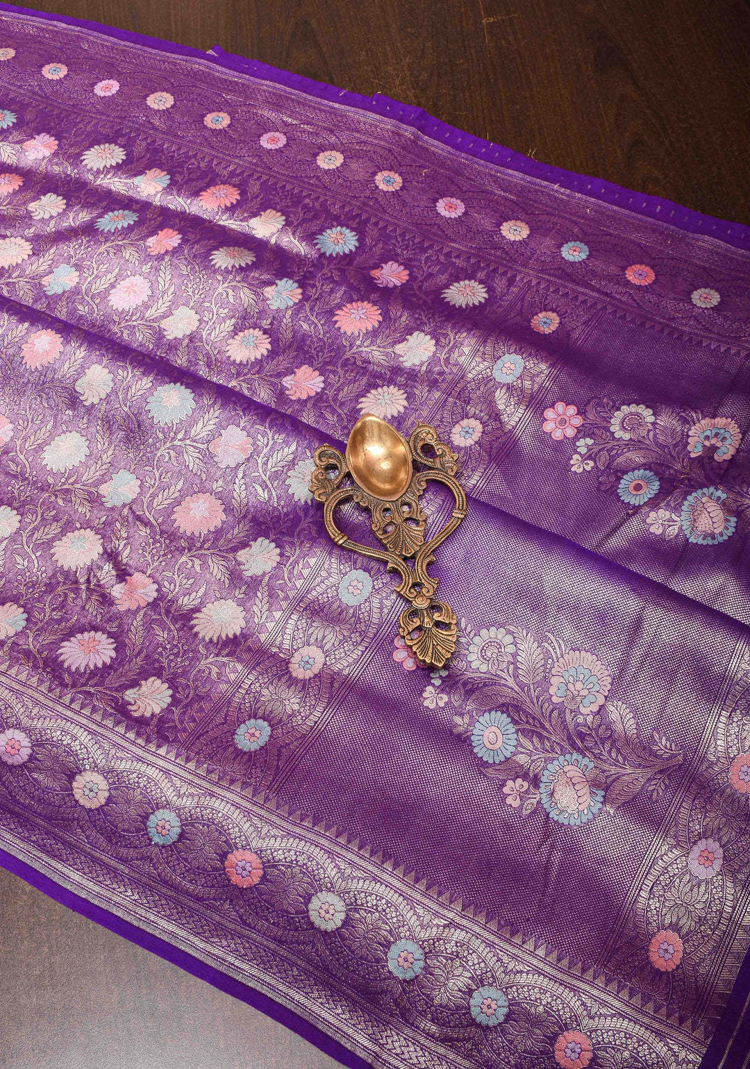 Purple Banarasi Katan Silk Saree with Floral Meenakari Tissue | SILK MARK CERTIFIED