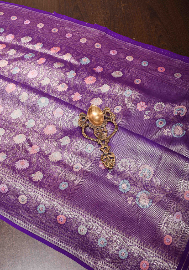Purple Banarasi Katan Silk Saree with Floral Meenakari Tissue | SILK MARK CERTIFIED
