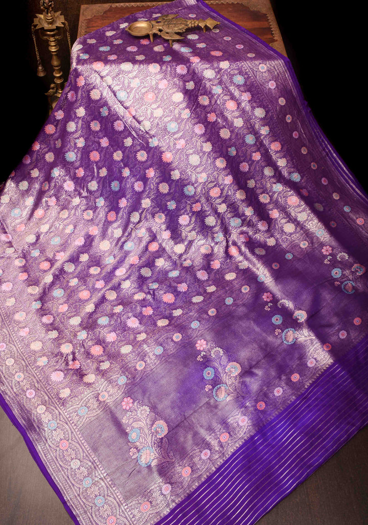 Purple Banarasi Katan Silk Saree with Floral Meenakari Tissue | SILK MARK CERTIFIED