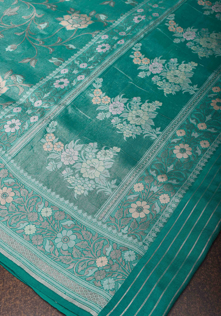 Teal Banarasi Katan Silk Saree with Floral Meenakari Tissue | SILK MARK CERTIFIED