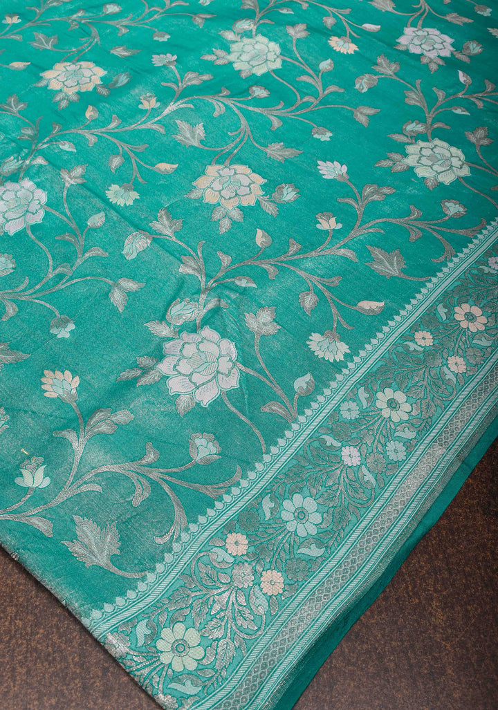 Teal Banarasi Katan Silk Saree with Floral Meenakari Tissue | SILK MARK CERTIFIED