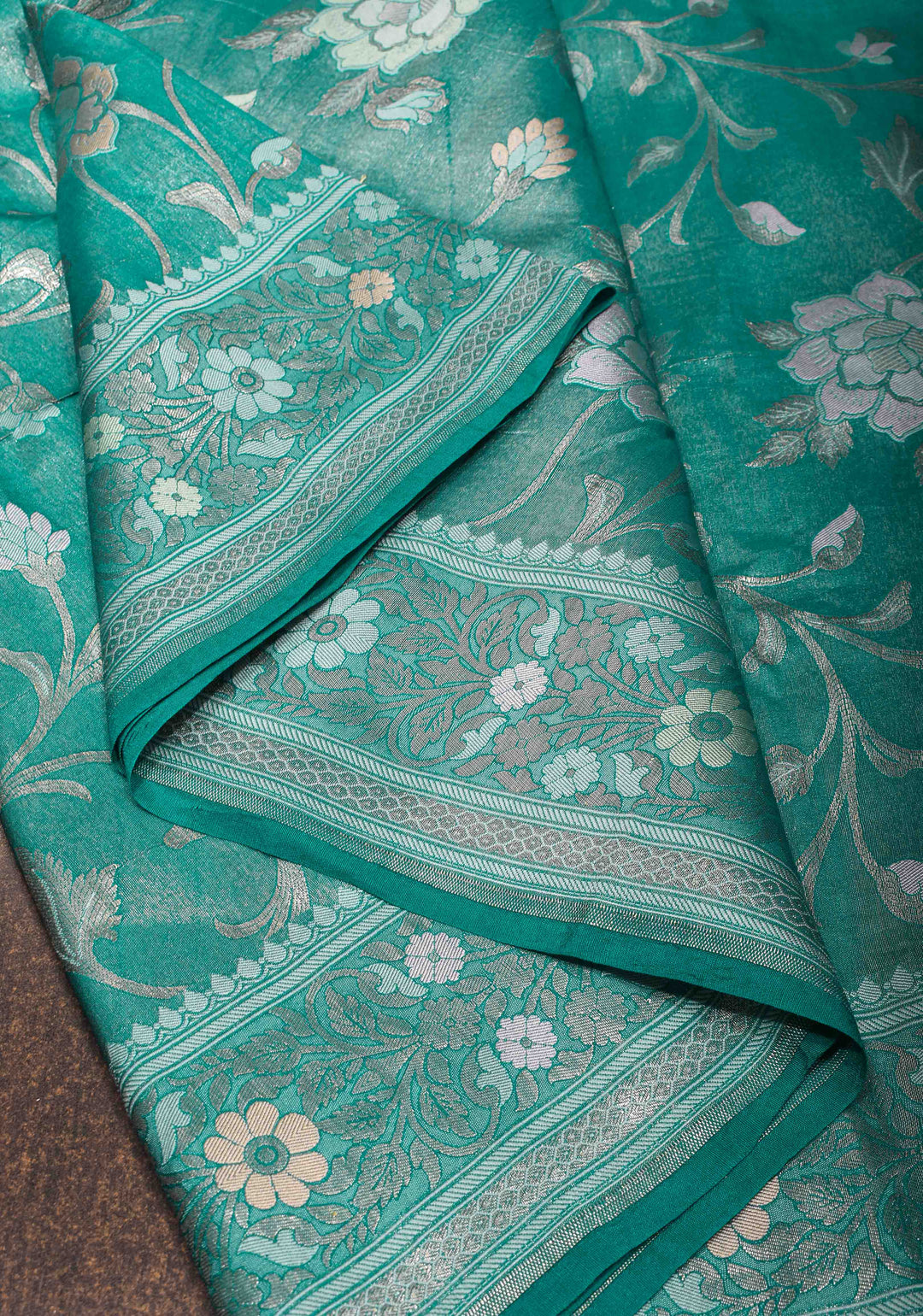Teal Banarasi Katan Silk Saree with Floral Meenakari Tissue | SILK MARK CERTIFIED