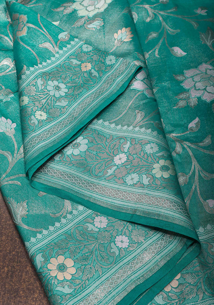 Teal Banarasi Katan Silk Saree with Floral Meenakari Tissue | SILK MARK CERTIFIED