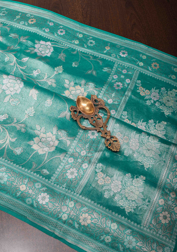 Teal Banarasi Katan Silk Saree with Floral Meenakari Tissue | SILK MARK CERTIFIED