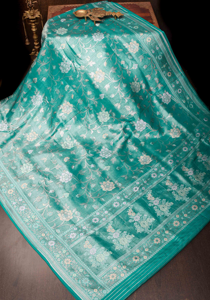 Teal Banarasi Katan Silk Saree with Floral Meenakari Tissue | SILK MARK CERTIFIED
