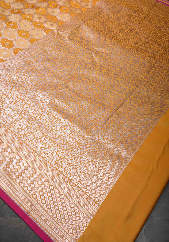 Exquisite Mango Yellow Shades Banarasi Semi Silk Saree with Moroccan Trellis Design and Zari Border