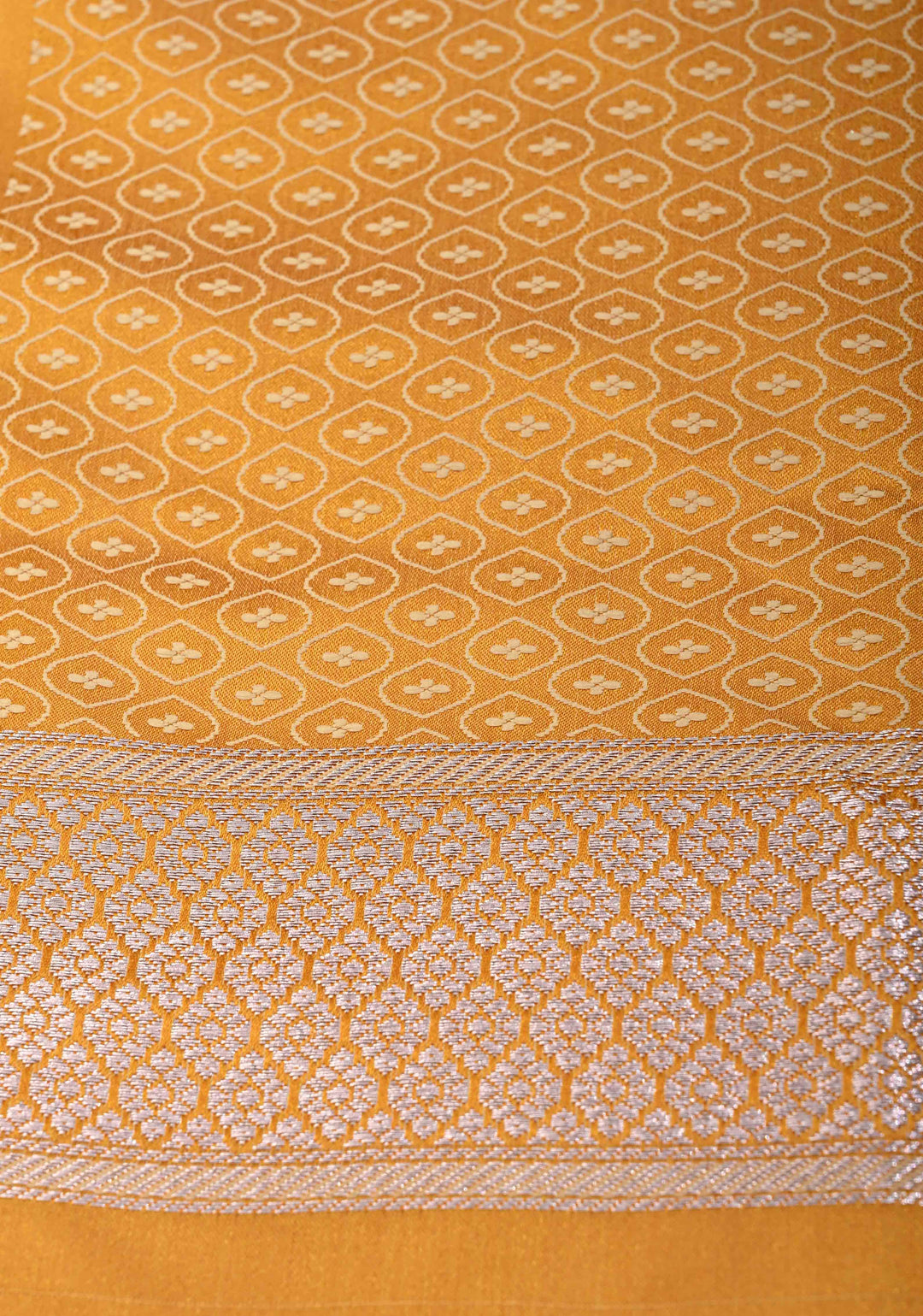 Exquisite Mango Yellow Shades Banarasi Semi Silk Saree with Moroccan Trellis Design and Zari Border