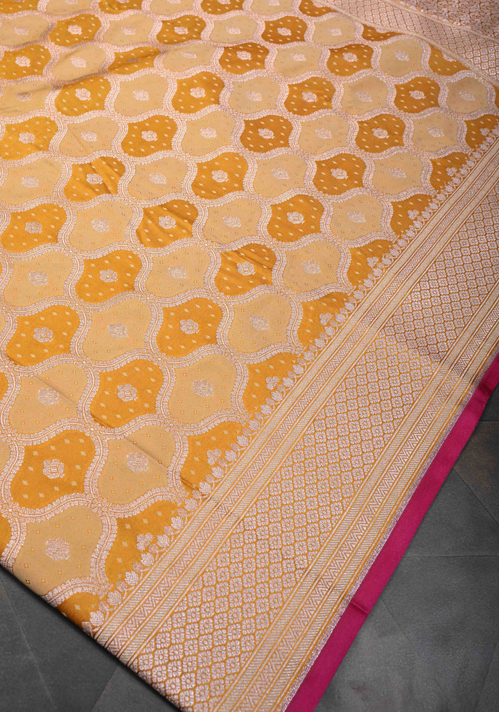 Exquisite Mango Yellow Shades Banarasi Semi Silk Saree with Moroccan Trellis Design and Zari Border