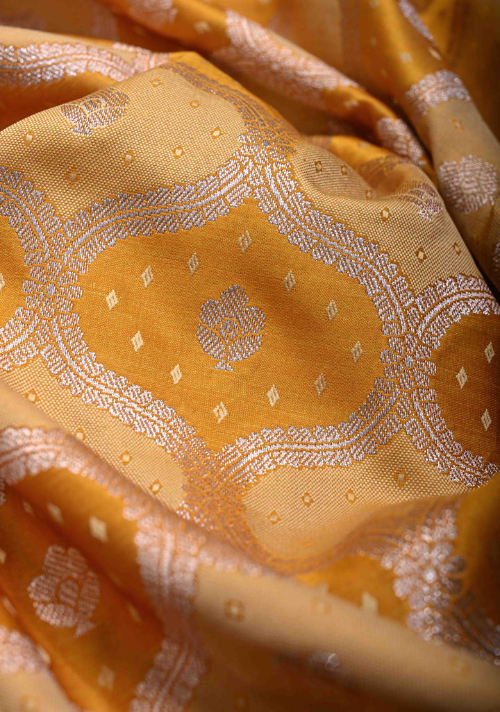 Exquisite Mango Yellow Shades Banarasi Semi Silk Saree with Moroccan Trellis Design and Zari Border