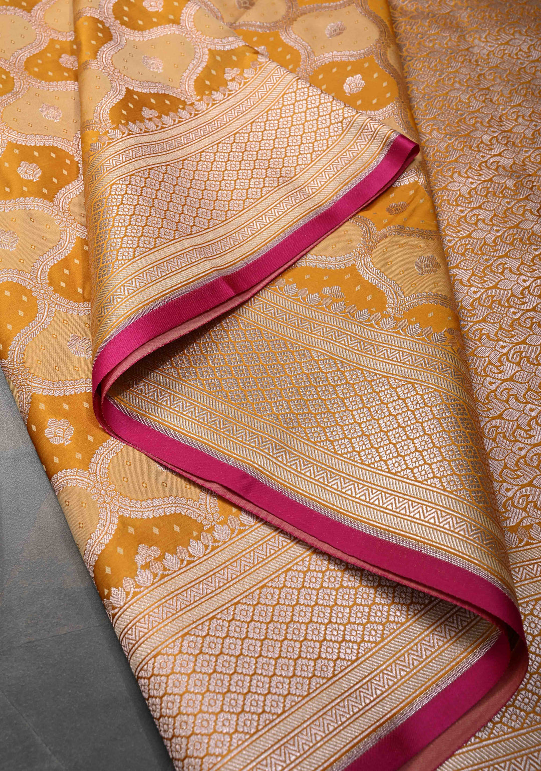 Exquisite Mango Yellow Shades Banarasi Semi Silk Saree with Moroccan Trellis Design and Zari Border