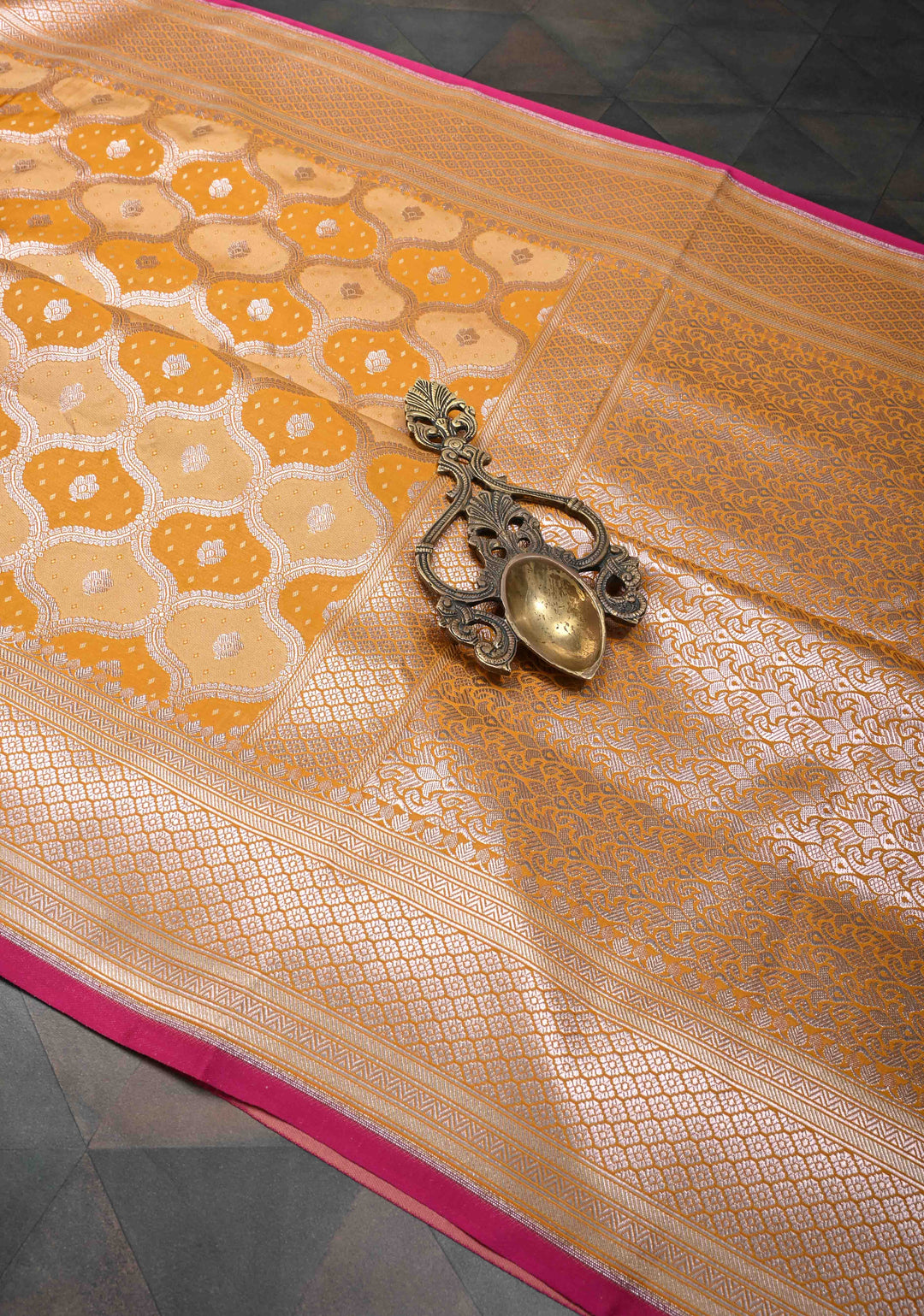 Exquisite Mango Yellow Shades Banarasi Semi Silk Saree with Moroccan Trellis Design and Zari Border