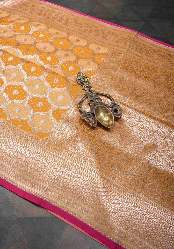 Exquisite Mango Yellow Shades Banarasi Semi Silk Saree with Moroccan Trellis Design and Zari Border