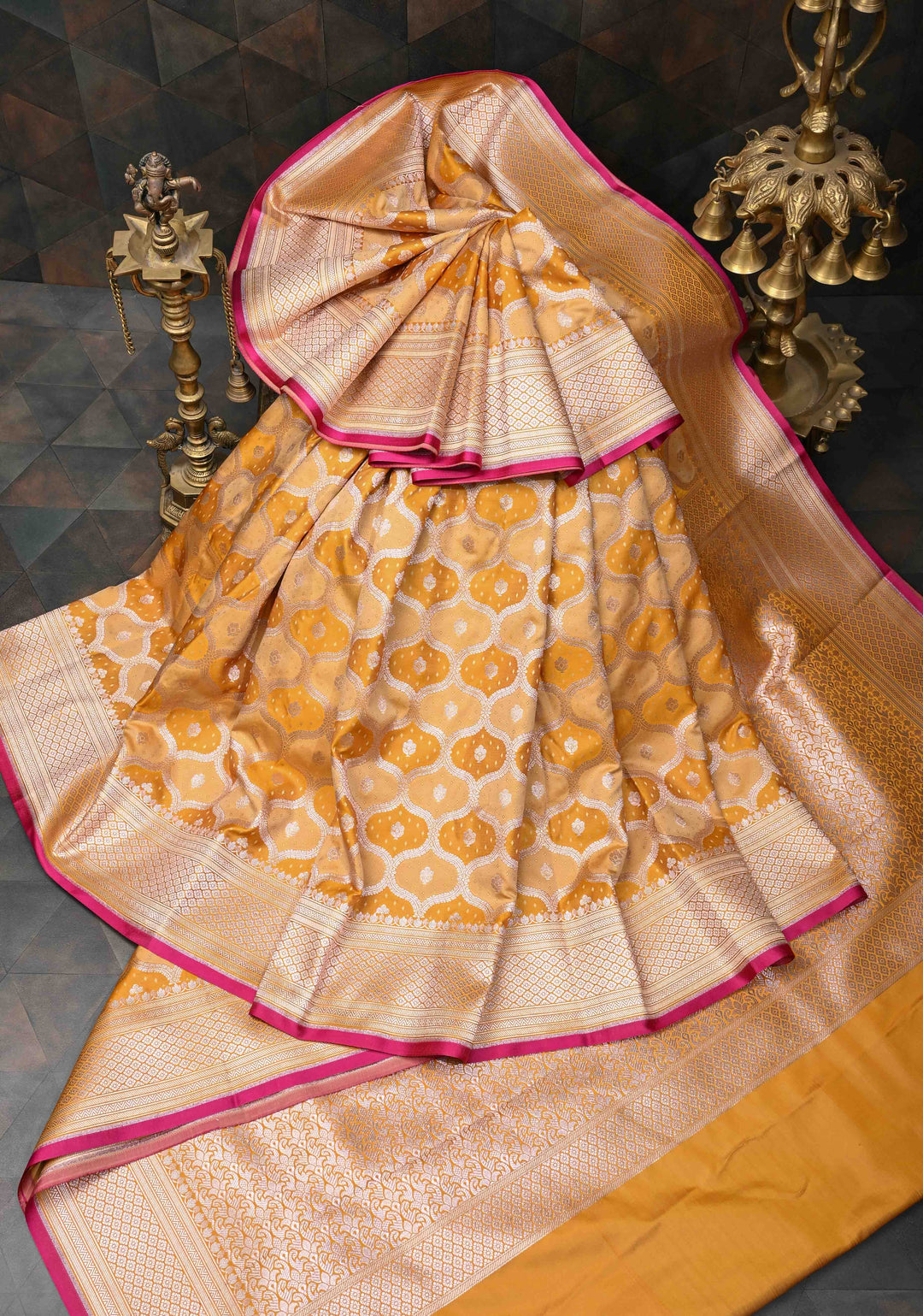 Exquisite Mango Yellow Shades Banarasi Semi Silk Saree with Moroccan Trellis Design and Zari Border