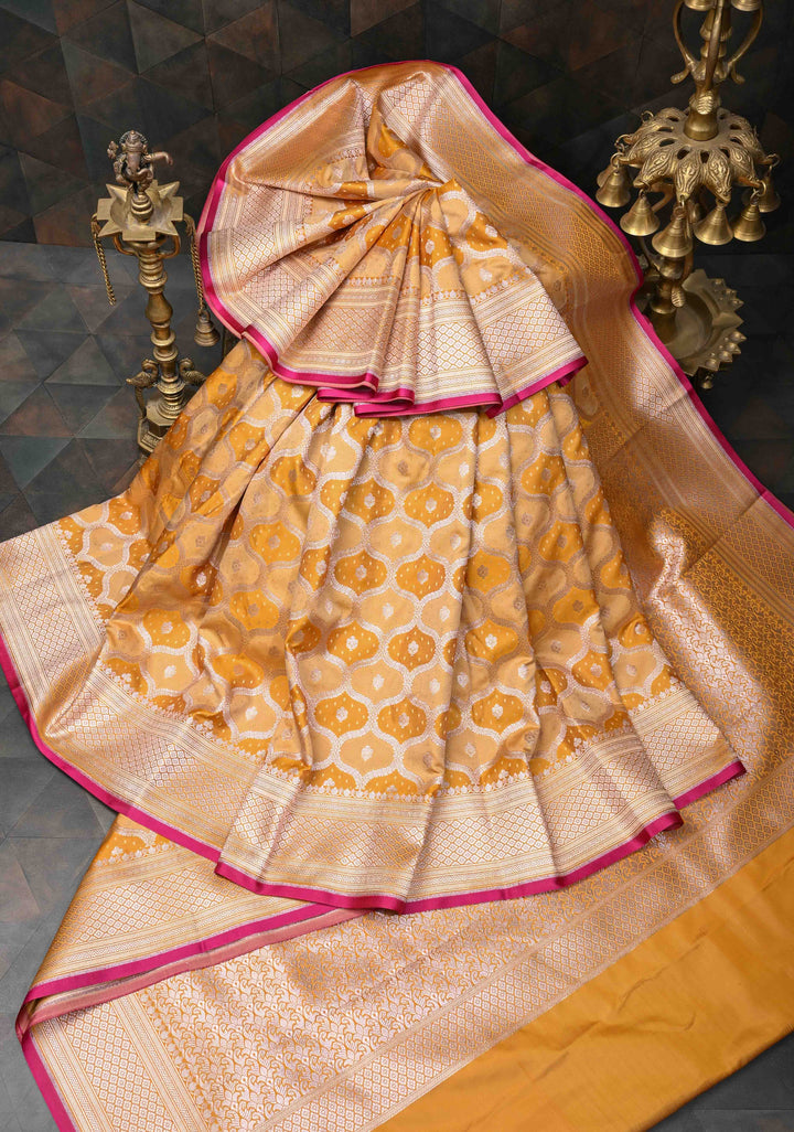Exquisite Mango Yellow Shades Banarasi Semi Silk Saree with Moroccan Trellis Design and Zari Border