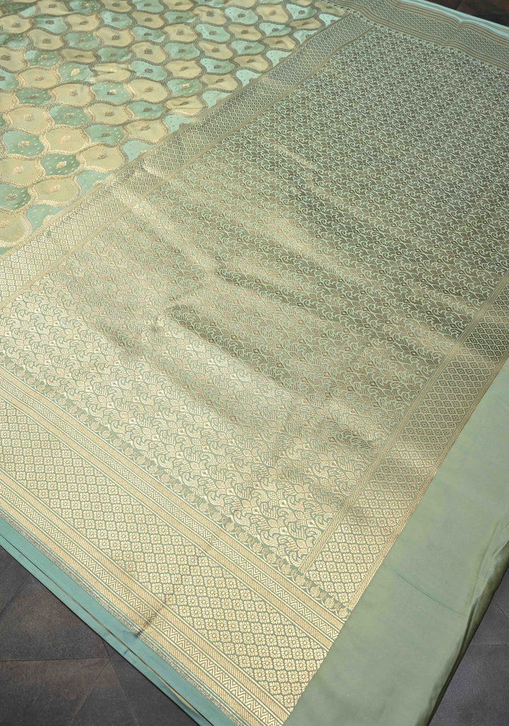 Exquisite Sage Green Shades Banarasi Semi Silk Saree with Moroccan Trellis Design and Zari Border