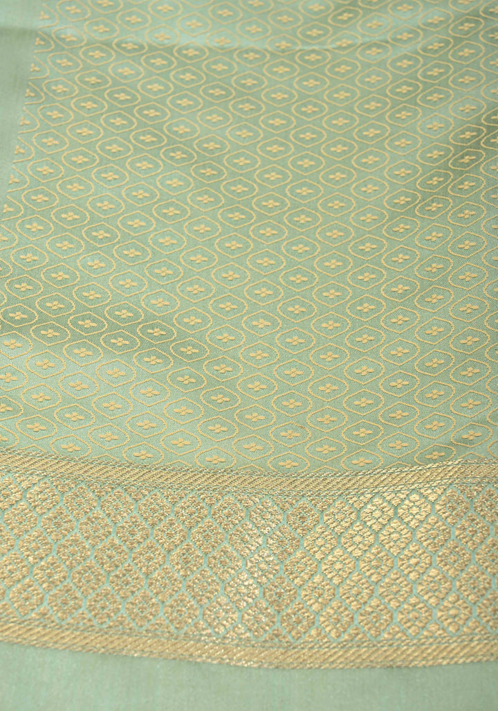 Exquisite Sage Green Shades Banarasi Semi Silk Saree with Moroccan Trellis Design and Zari Border