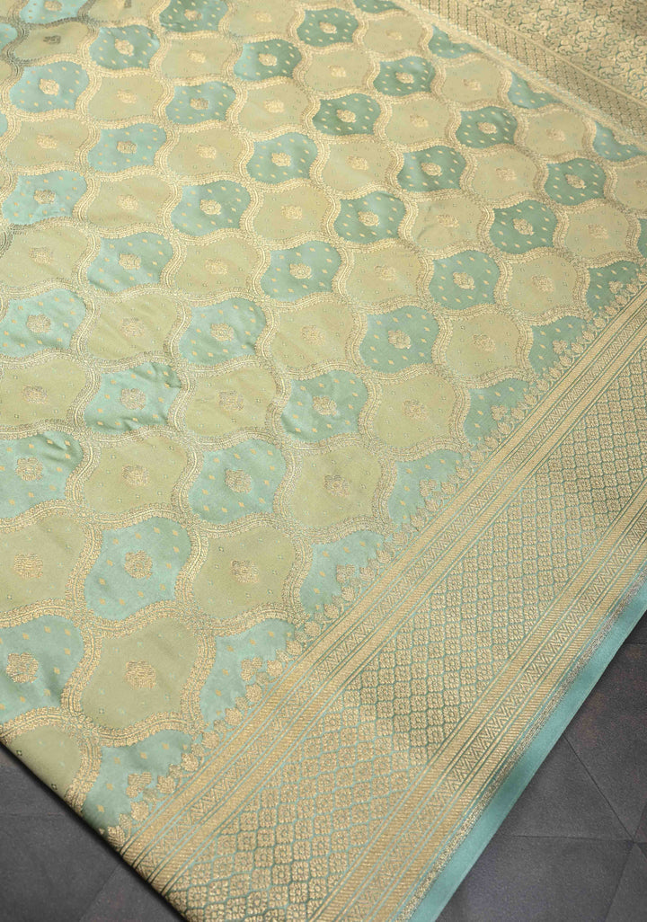 Exquisite Sage Green Shades Banarasi Semi Silk Saree with Moroccan Trellis Design and Zari Border