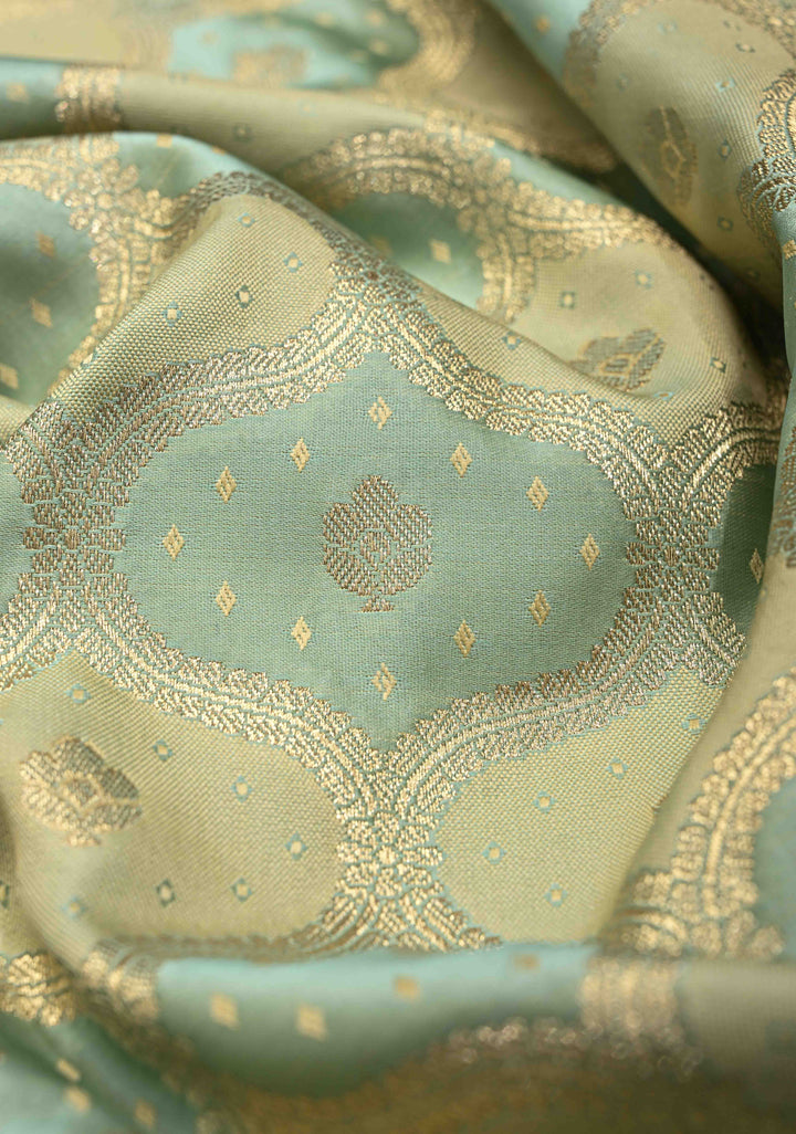 Exquisite Sage Green Shades Banarasi Semi Silk Saree with Moroccan Trellis Design and Zari Border