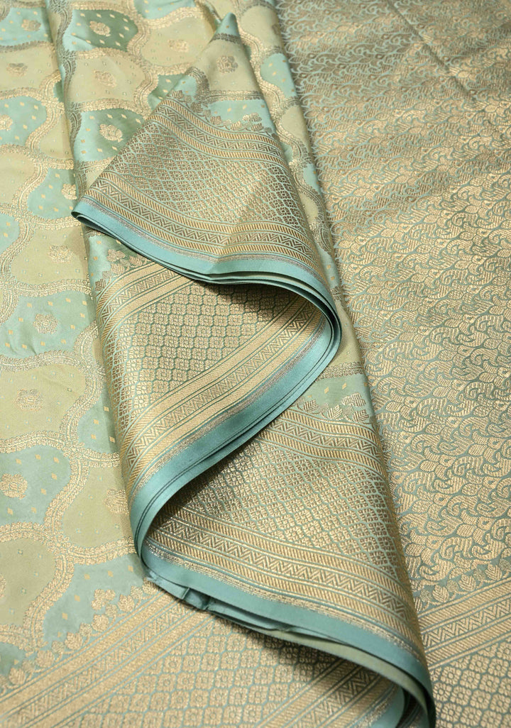 Exquisite Sage Green Shades Banarasi Semi Silk Saree with Moroccan Trellis Design and Zari Border