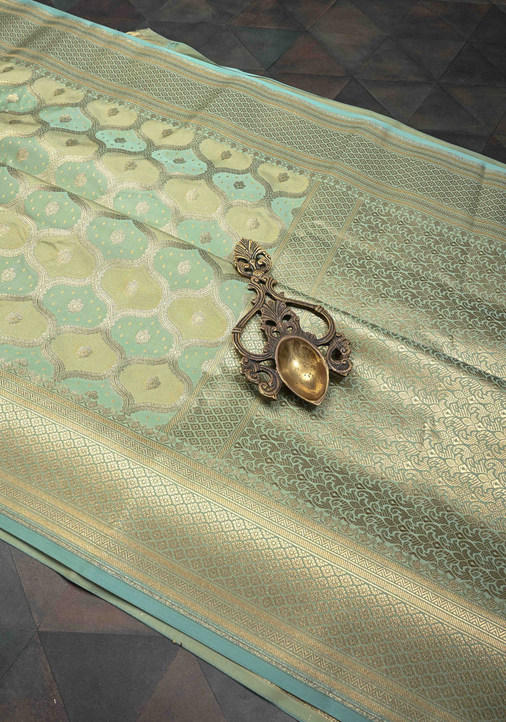 Exquisite Sage Green Shades Banarasi Semi Silk Saree with Moroccan Trellis Design and Zari Border