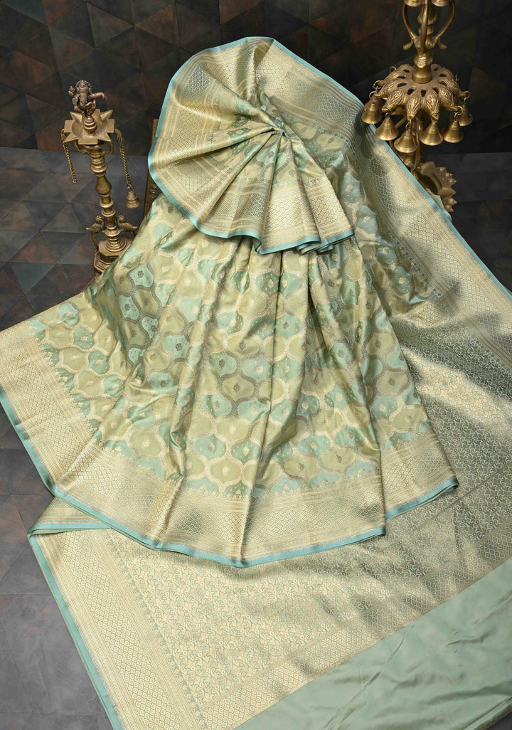 Exquisite Sage Green Shades Banarasi Semi Silk Saree with Moroccan Trellis Design and Zari Border