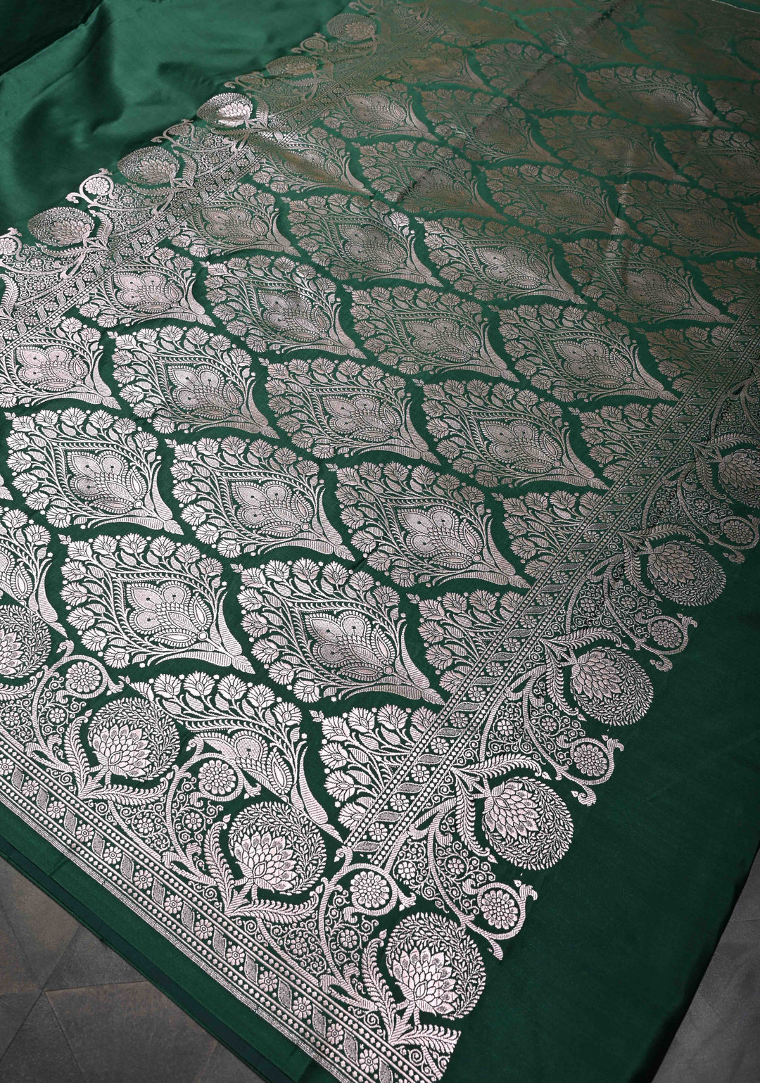 Jungle Green Banarasi Semi Silk Saree with Floral Zari Border