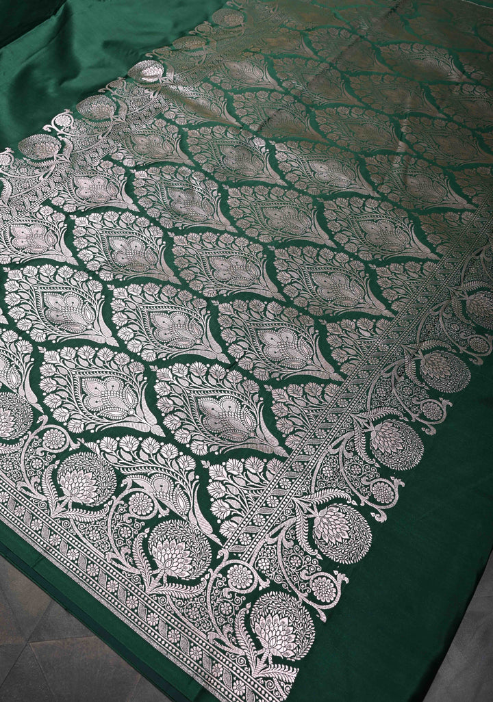 Jungle Green Banarasi Semi Silk Saree with Floral Zari Border
