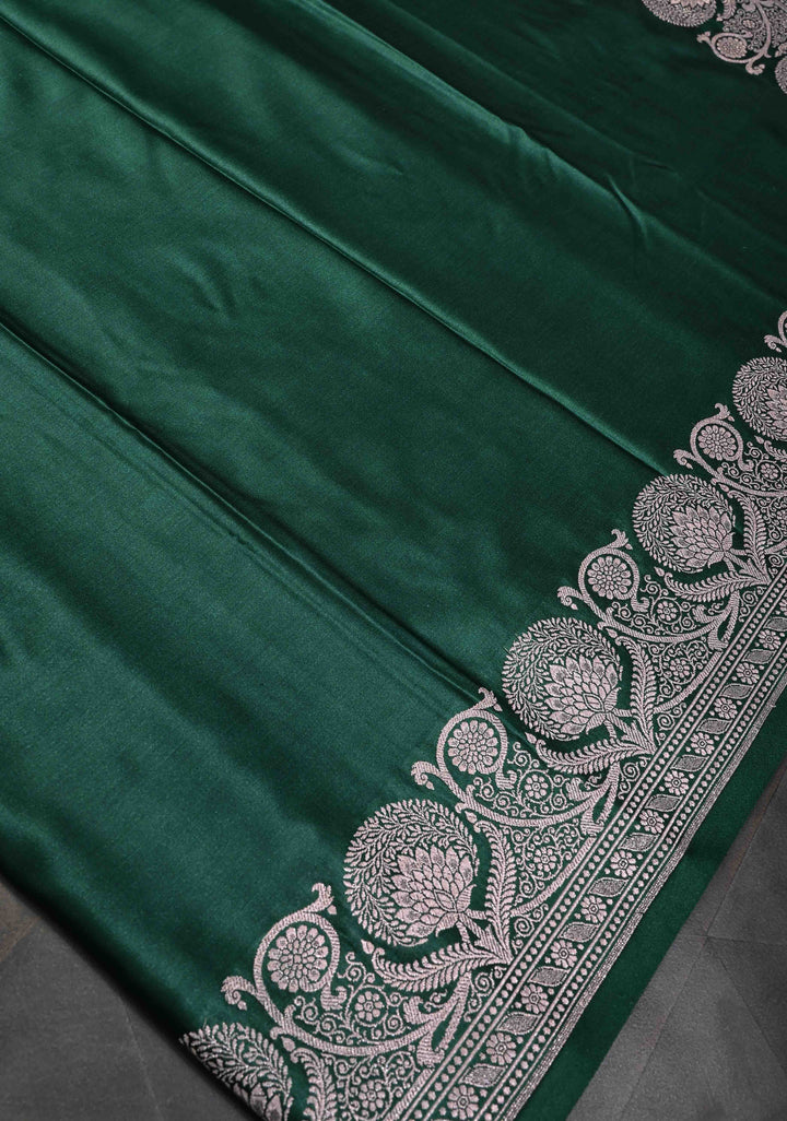 Jungle Green Banarasi Semi Silk Saree with Floral Zari Border