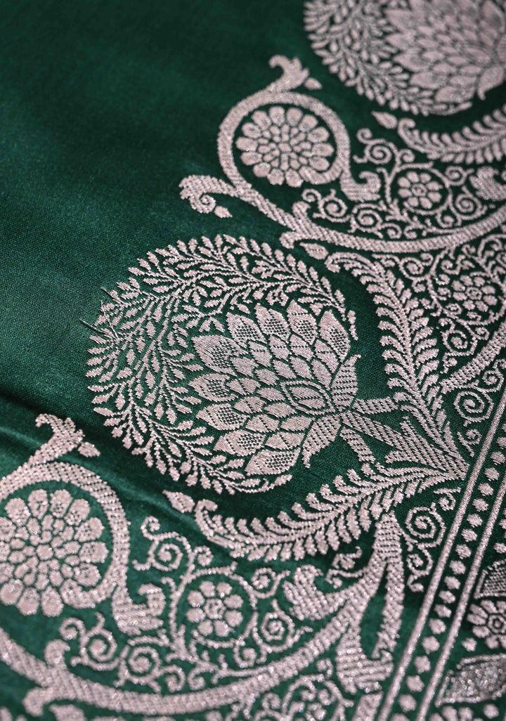Jungle Green Banarasi Semi Silk Saree with Floral Zari Border