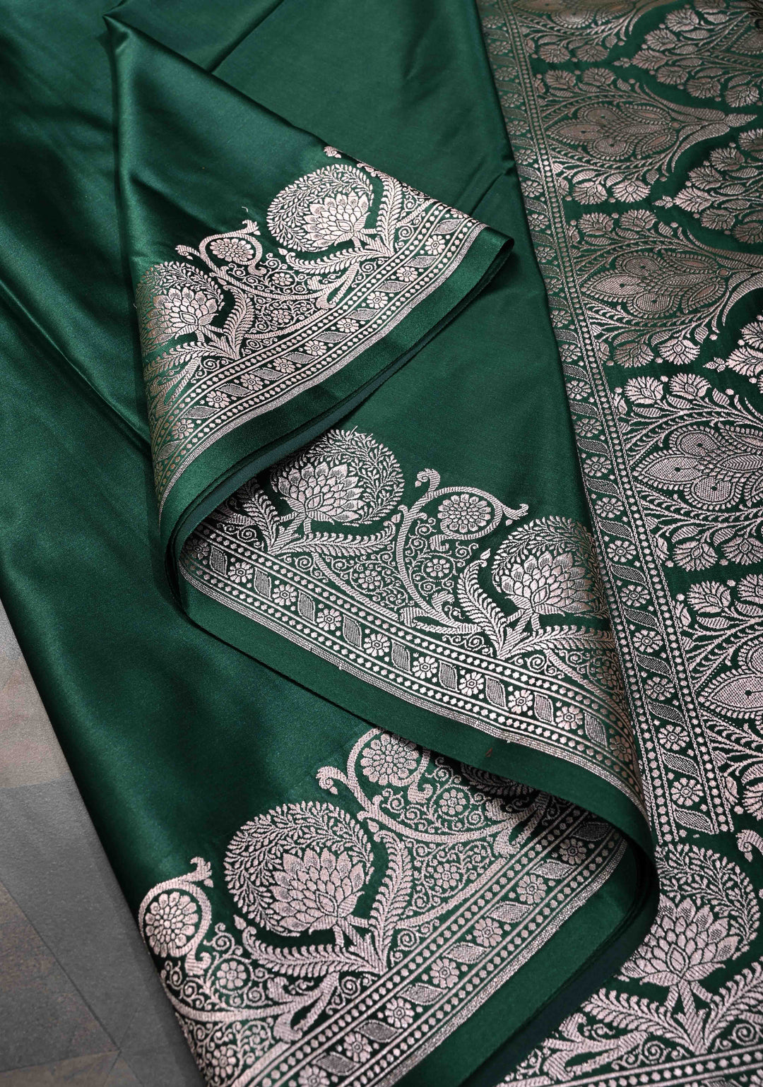 Jungle Green Banarasi Semi Silk Saree with Floral Zari Border